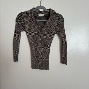 Textured Knit Hooded Cardigan Top - Brown/Black